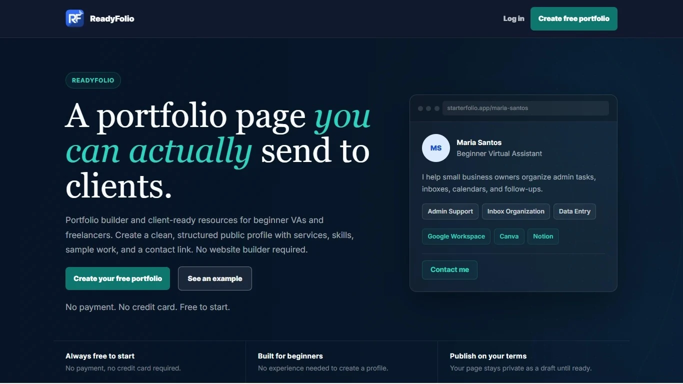ReadyFolio landing page showing the portfolio builder and public profile preview
